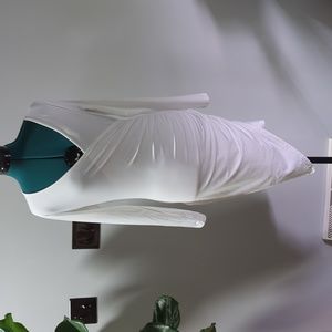 White dress. Gathered side. Asymmetrical hemline. Size M